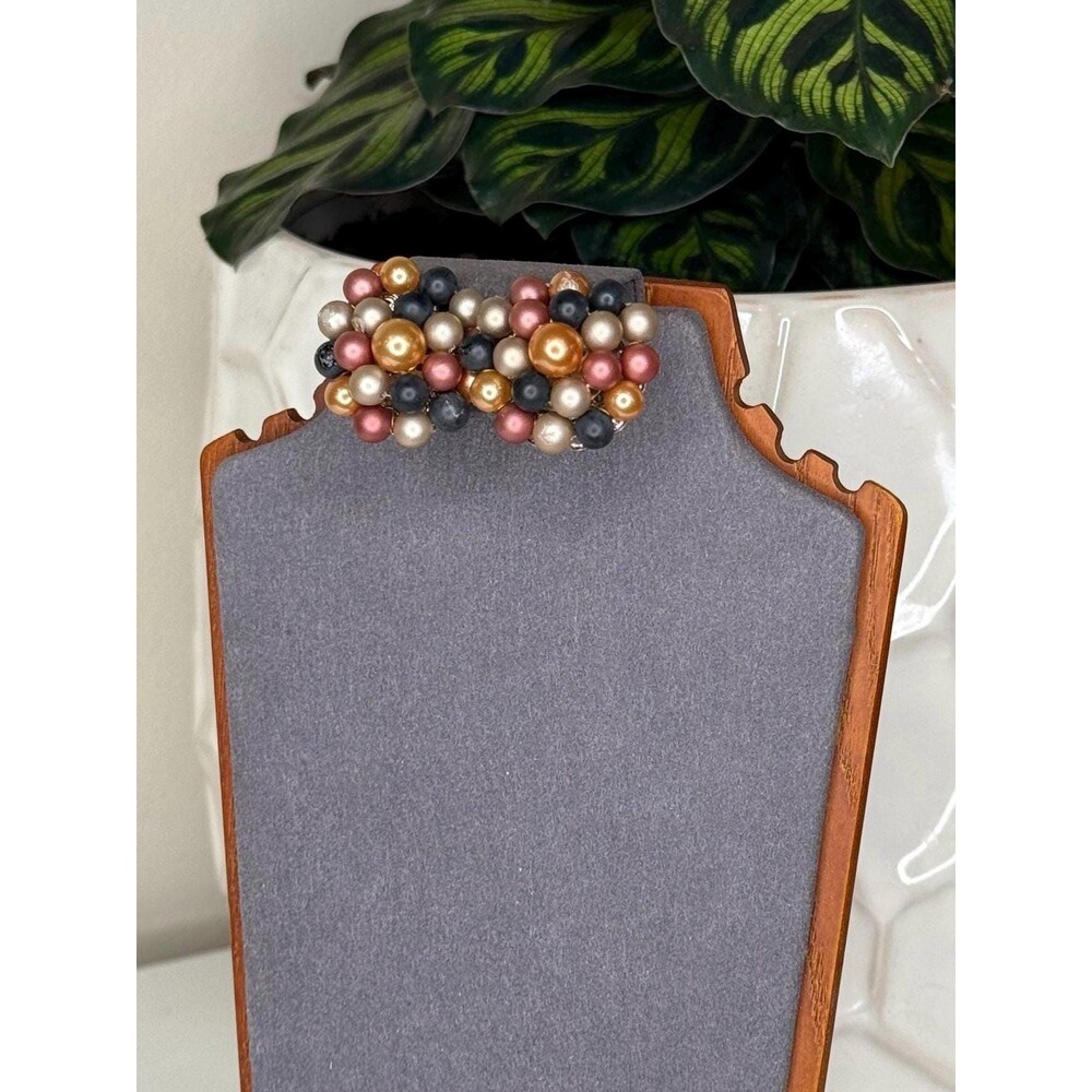 Vintage Japan Multicolor Faux Pearl Cluster Clip-On Statement Earrings - Picture 3 of 11